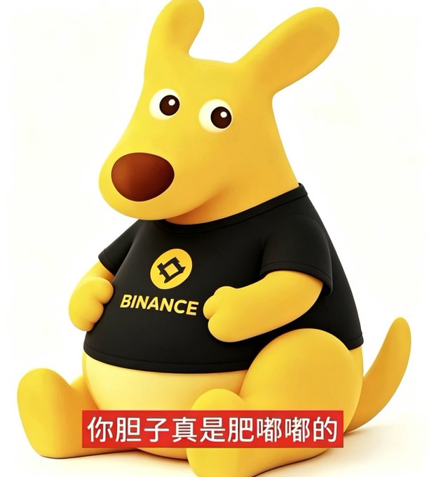 A 3D rendered yellow kangaroo mascot wearing a black t-shirt with the 'BINANCE' logo, accompanied by Chinese text at the bottom.