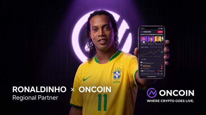 The promotional image features Brazilian soccer legend Ronaldinho, wearing the iconic Brazil national team yellow jersey with the number 11, holding up a smartphone displaying the OnCoin crypto live streaming platform. The text "RONALDINHO × ONCOIN Regional Partner" and the OnCoin tagline "WHERE CRYPTO GOES LIVE" appear alongside the partnership announcement.