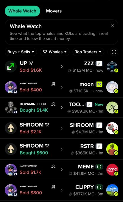 A mobile app screenshot of a 'Whale Watch' tab showing real-time crypto trading activity, including buys and sells for tokens like ZZZ, moon, TOO, SHROOM, MEME, and CLIPPY.