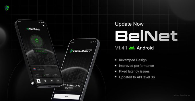 A BelNet VPN app advertisement for Android version 1.4.1 update, highlighting revamped design, improved performance, fixed latency issues, and updated to API level 36.