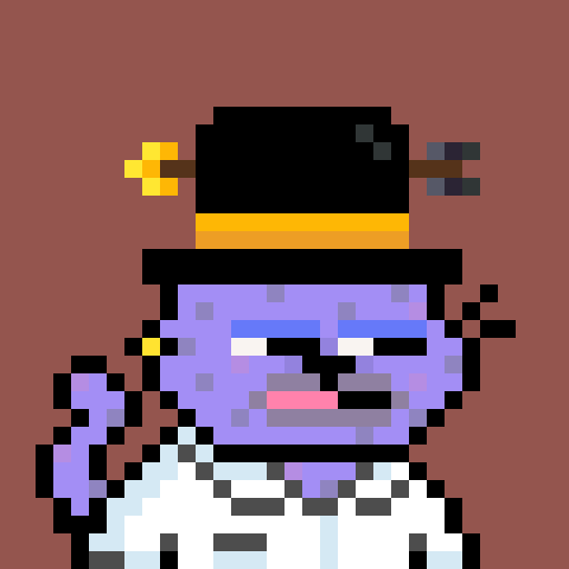 A pixel art portrait of a purple-skinned zombie-like character wearing a black top hat pierced with a knife, dressed in a white shirt against a brown background.
