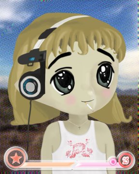 A cute anime-style girl with big eyes, blonde hair, a white headband, headphones, and a pink tank top featuring the number "23" appears against a sky background. The image relates to the post's message by visually representing the milady aesthetic, which the post compares to valuable classical artworks by Klimt or Modigliani.