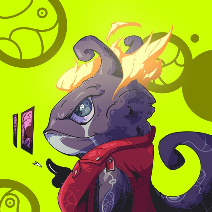 A digital illustration of a purple chameleon-like creature with a flame on its head, wearing a red jacket, set against a bright yellow-green background.