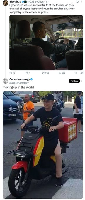 A two-part social media post making a joke. The top tweet from @OxSisyphus shows former kingpin Sam Bankman-Fried as an Uber driver. The bottom post from @cocahomology shows a young man on a delivery scooter with the caption 'moving up in the world'.