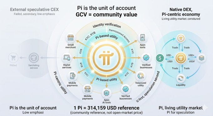 The image shows a diagram that illustrates the concept of Pi's community value. The diagram depicts a circular flow representing the exchange of goods and services between a native dex economy and an external speculative CEX. The native dex economy, represented by a blue circle on the left side of the image, is depicted as being in need of resources from the external speculative CEX. This exchange is based on real transactions rather than speculation or speculation markets. The diagram also includes text that explains how Pi's community value emerges from human activity and utility within this network.