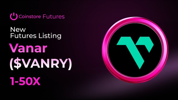 A promotional graphic for Coinstore Futures announcing the new listing of Vanar ($VANRY) futures with 1-50x leverage, featuring the teal Vanar logo encircled in a glowing pink ring against a dark background, matching the announcement of VANRY/USDT futures going live on the platform.