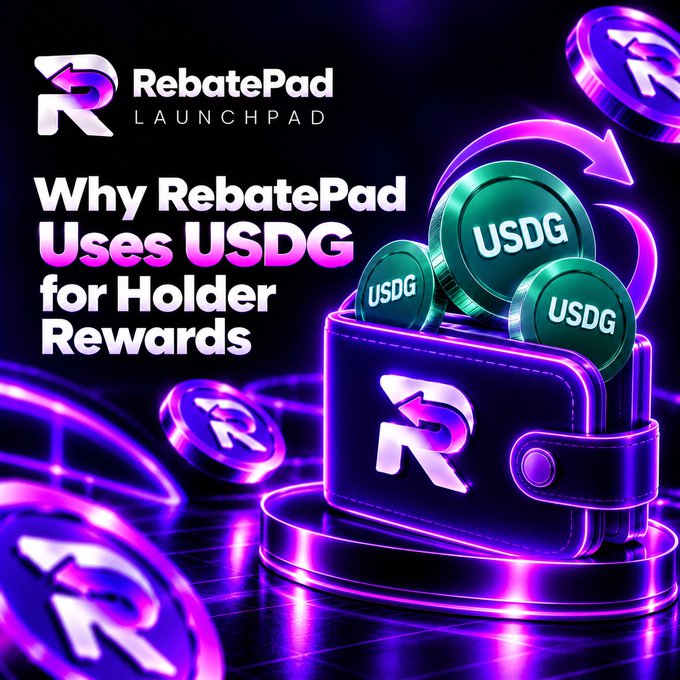 A neon promotional graphic reads “RebatePad LAUNCHPAD” and “Why RebatePad Uses USDG for Holder Rewards,” featuring a wallet, USDG coins, and glowing purple arrows.