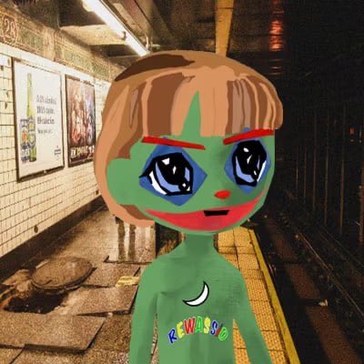 A digital drawing of a character with brown hair, large blue anime-style eyes, green skin, and a green shirt reading 'CRWMS' is superimposed over a photograph of a subway platform.