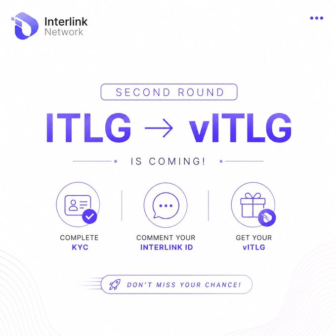 A promotional graphic from Interlink Network announcing "SECOND ROUND: ITLG → vITLG IS COMING!" with three illustrated steps—Complete KYC, Comment Your Interlink ID, and Get Your vITLG—reinforcing the post's call to action for users with pending KYC to comment their InterLink ID to receive their vITLG tokens.