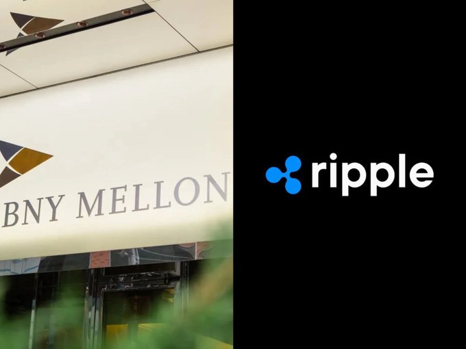 A split-image graphic showing the BNY Mellon logo on the left and the blue ripple cryptocurrency logo on the right against a black background.
