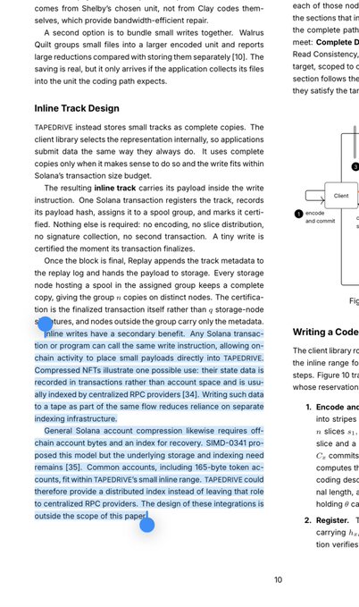 A page from an academic paper discusses 'Inline Track Design' in the TAPEDRIVE system, detailing how inline writes function and are certified within Solana transactions.