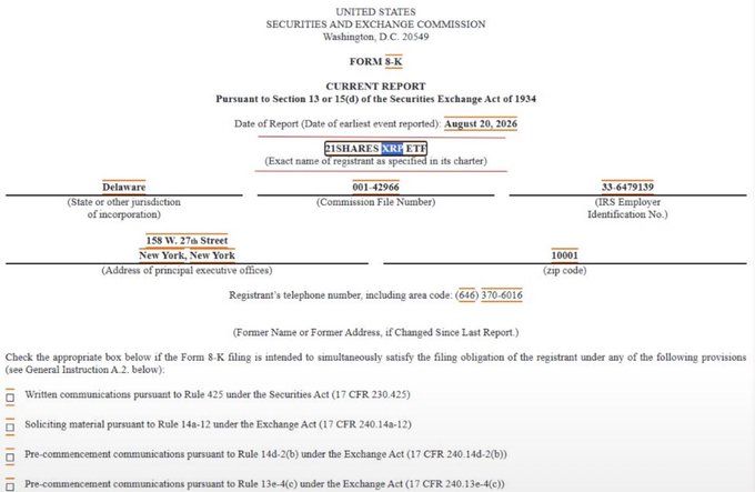 The image is the cover page of an SEC Form 8-K Current Report filed by 21Shares (ticker: XRP), a Delaware-incorporated entity (Commission File No. 001-42966, IRS Employer ID 33-6479139) headquartered at 158 W. 27a Street, New York, NY 10001, with a report date of August 20, 2026. This filing relates to the post's announcement about 21Shares updating its $XRP ETF structure, specifically supporting the noted switch in NAV benchmark effective August 27.