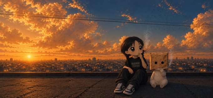 A 3D-rendered scene of an anime-style character sitting on a rooftop at sunset with a small white stuffed animal wearing a paper bag with a sad face.