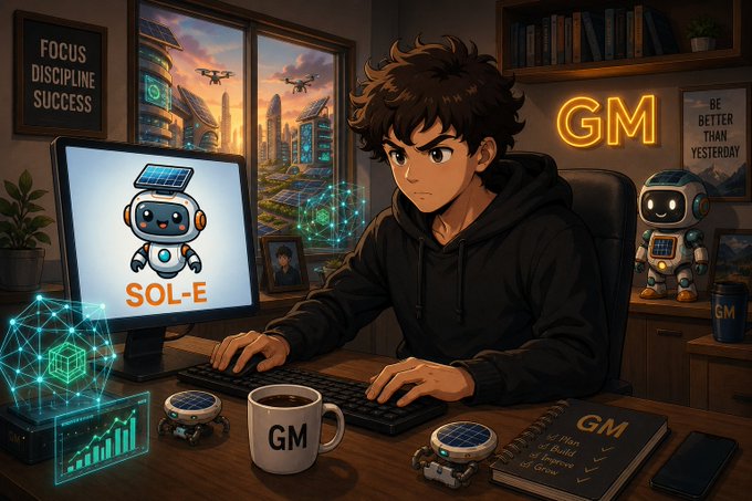 The image features a young man sitting at his desk using a computer while drinking coffee from a mug. He appears to be working or playing video games, as there are two keyboards visible near him. The background of the image shows an office setting with a window overlooking a city skyline and buildings in the distance. A robot is also present in the scene, adding a unique element to the composition. The post about GM CT Up encourages users to focus on their goals and be better than they were before.