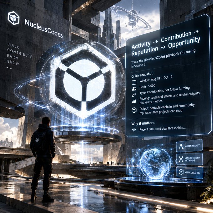 A sci-fi promotional graphic for 'NucleusCodes' displaying a glowing geometric cube logo, with text emphasizing 'Activity → Contribution → Reputation → Opportunity' and a note that it's 'Not an endorsement, just my watchlist.'