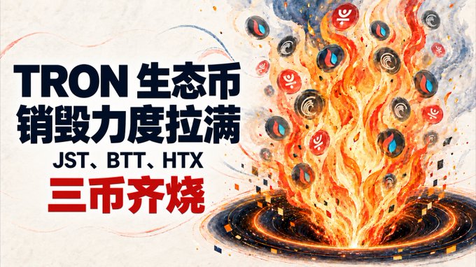 The image is a promotional graphic featuring bold Chinese text that reads "TRON 生态币 销毁力度拉满" (TRON ecosystem token burn intensity maxed out) alongside "JST、BTT、HTX 三币齐烧" (JST, BTT, HTX three tokens burning together), accompanied by a dramatic illustration of cryptocurrency tokens engulfed in flames rising from a fiery portal. This visually reinforces the post's message about TRON ($TRX) and its ecosystem tokens ($JST, $BTT, $HTX, $SUN, $WIN) achieving top global rankings in token burning activities.
