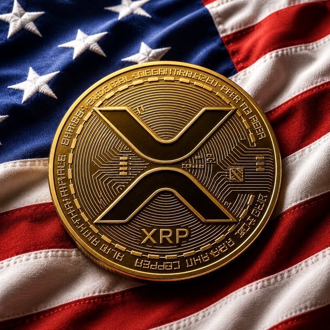 A gold XRP cryptocurrency coin rests on an American flag, with the XRP logo and text clearly visible on the coin's surface.