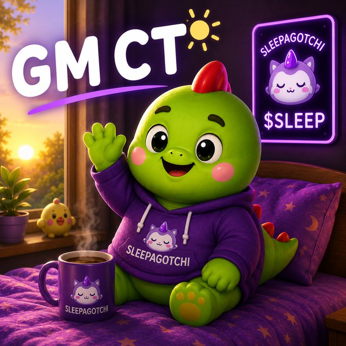 The image features a cartoon green dinosaur sitting on top of a bed with a cup of coffee next to him, surrounded by potted plants. The text "GM GM happy weekend Can I get a Gm from You?" appears at the bottom of the image. This suggests that someone has posted about the cartoon character and his coffee break in a social media post or message exchange. The caption reads: "Focus on what is in the image and how it relates to the post."