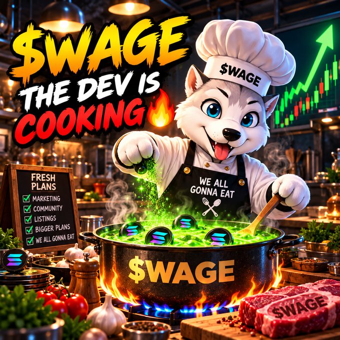 A cartoon husky wearing a chef's hat labeled '$WAGE' and a 'WE ALL GONNA EAT' apron stirs a cauldron of glowing green liquid, surrounded by text declaring '$WAGE THE DEV IS COOKING' with a checklist including 'MARKETING,' 'COMMUNITY,' and 'LISTINGS.'