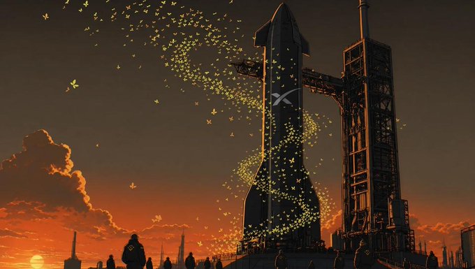 A digital illustration of a SpaceX Starship rocket on a launch pad surrounded by a massive swarm of glowing yellow butterflies at sunset.