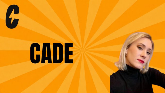 A graphic with an orange sunburst background displaying the word 'CADE' in bold black letters alongside the logo 'C' with a lightning bolt, featuring a blonde woman in a black turtleneck on the right side.