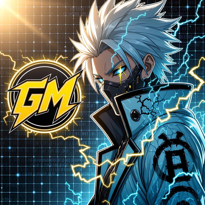 Anime-style illustration of a white-haired character with blue eyes wearing a face mask and jacket featuring a Bitcoin "B" logo, with a yellow "GM" (Good Morning) emblem and electric blue/yellow lightning effects against a binary code background.