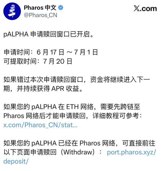 The image shows a Chinese-language announcement from Pharos中文 (@Pharos_CN) about the pALPHA token redemption window, with the application period running from June 17 to July 1 and withdrawal available on July 20, directing users to either bridge from ETH to Pharos network or visit port.pharos.xyz/deposit/ to withdraw. This directly illustrates the user's check-in post warning that missing the June 17 to July 1 application window means missing the chance to withdraw pALPHA, locking funds into the next cycle.