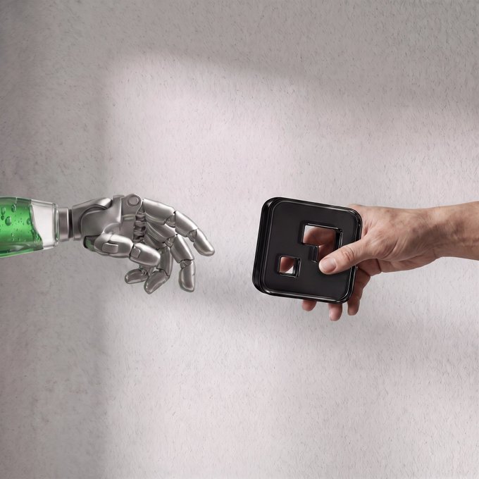A robotic hand holding a glass beaker filled with green liquid reaches toward a human hand holding a black cube device with square buttons.