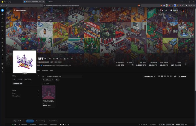 The image shows the OpenSea NFT marketplace displaying the "Lucky Reels" collection, with the post context "w, lets see what the team got" suggesting the user is reviewing their newly acquired NFT items. The page shows one item owned ("PIXEL DOME 025...") valued at 0.0851 ETH, alongside market stats showing a floor price of 0.03 ETH and total volume of 117 ETH.