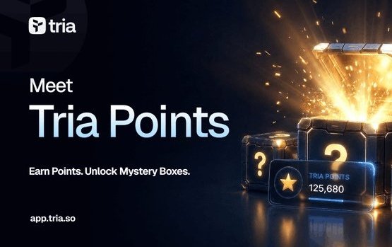 The image features a poster for Tria Points, which are points awarded to users who participate in certain activities or complete challenges within the Tria network. The poster includes three boxes with stars inside them, symbolizing the rewards that can be earned by engaging with the platform. The text on the poster encourages users to "meet Tria Points" and highlights the benefits of joining the project, such as earning points for completing tasks or participating in events.