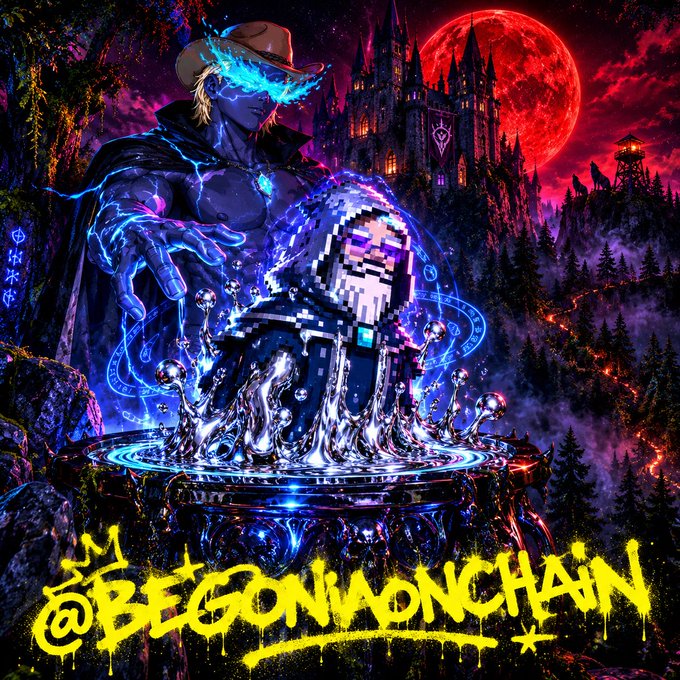 A vibrant fantasy digital artwork featuring a pixelated hooded figure in a cauldron of liquid, a mystical cowboy character, and a gothic castle under a red moon, with text reading "@BEGONCHAONCHAIN".