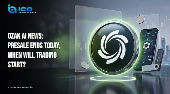 A promotional graphic with the ICO Announcement logo, featuring text 'OZAK AI NEWS: PRESALE ENDS TODAY, WHEN WILL TRADING START?' alongside a glowing green digital coin and a smartphone.