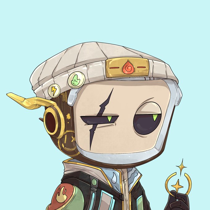 A digital illustration of a robot-like character with a crack across its face, wearing a gray beanie with pins, set against a light teal background.