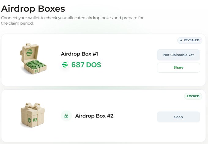 The image displays the DAPPOS Airdrop Phase 1 check page, showing Airdrop Box #1 containing 687 DOS tokens with a "Not Claimable Yet" status, and Airdrop Box #2 marked as "LOCKED" with "Soon" status. Users are prompted to connect their wallet at dappos.com/airdrop to view their allocated boxes ahead of the claim period.