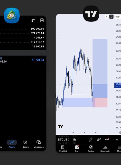 The image shows two cell phones, each displaying a different cryptocurrency trading app.