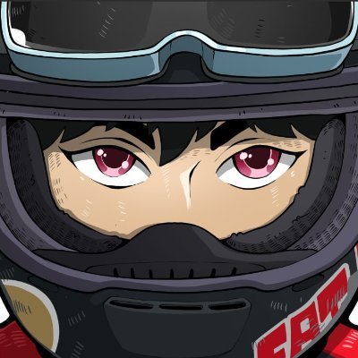 An anime-style character wearing a black racing helmet with a visor and red goggles looks forward with large pink eyes.