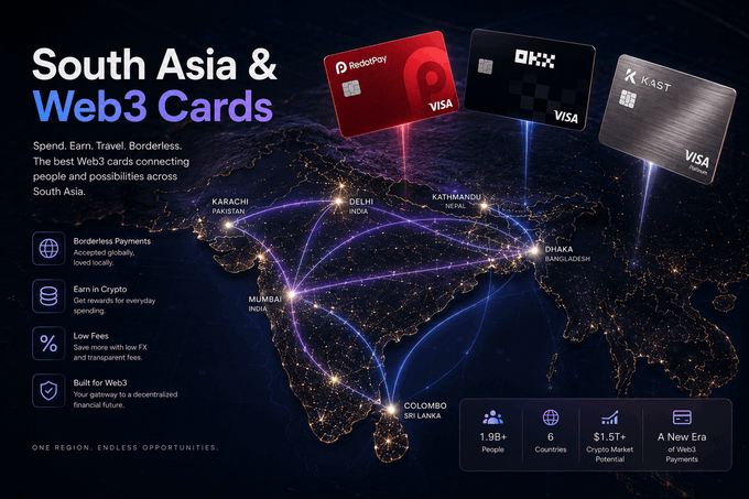 The image is a promotional graphic titled "South Asia & Web3 Cards" featuring three Visa cards—RedotPay, OKX, and KAST—floating above a glowing map of South Asia showing network connections between cities like Karachi, Delhi, Kathmandu, Mumbai, Dhaka, and Colombo. The graphic highlights features such as "Borderless Payments," "Earn in Crypto," "Low Fees," and "Built for Web3," while displaying stats including "1.9B+ People," "6 Countries," "$1.5T+ Crypto Market Potential," and "A New Era of Web3 Payments," aligning with the post's theme of showcasing top Web3 cards available for users in India and the broader South Asian region.
