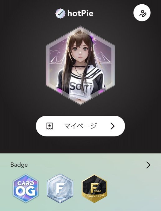 A mobile app profile screen for 'hotPie' featuring a hexagonal avatar of an anime-style girl, a 'マイページ' (My Page) button, and three badges labeled 'CARD OG', 'F', and 'FOUNDING CORE'.