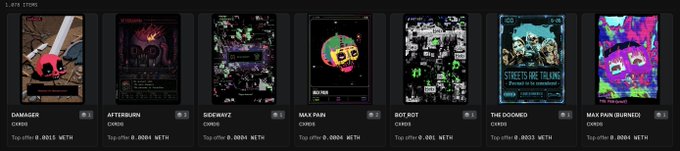 A dark-themed webpage showing a row of NFT collectible thumbnails titled 'APE STRIKE,' with titles including 'DAMAGER', 'ATTERBURN', 'SIDEWAYS', 'MAX PAIN', 'BOT ROT', 'THE DOOMED', and 'MAX PAIN (BURNED)', each listing a Top Offer in WETH.