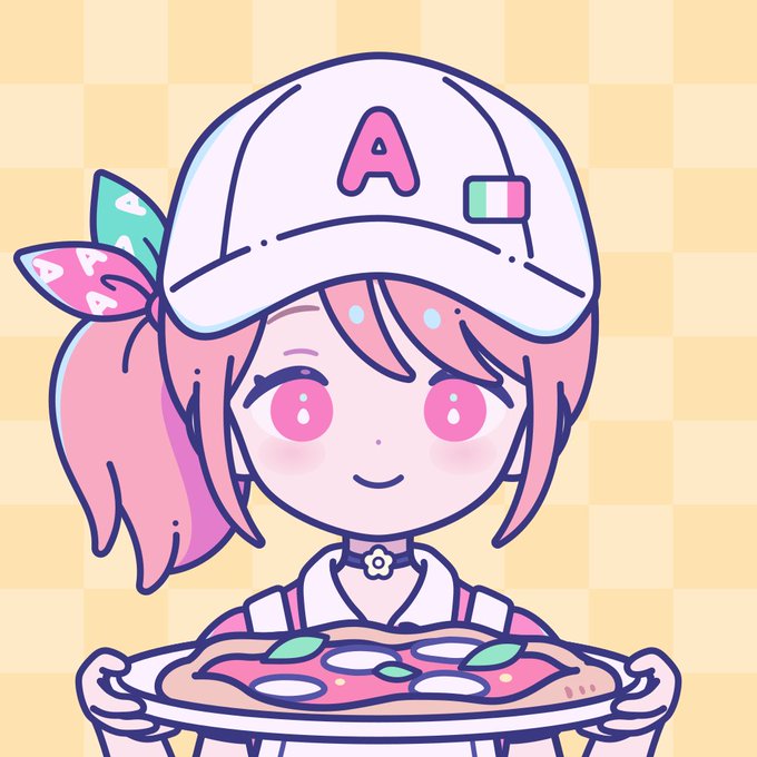 A cute chibi-style anime illustration of a pink-haired girl wearing a white cap with 'A' and an Italian flag patch, smiling while holding a pizza on a checkered yellow background.
