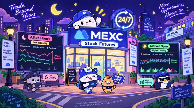 A vibrant MEXC Stock Futures promotional graphic featuring cartoon mascots, displaying slogans like 'Trade Beyond Hours,' 'More Opportunities Always On,' and '24/7,' with comparison panels showing 'After Hours - Low Liquidity, Wider Spread' versus 'Market Open - Higher Liquidity, Tighter Spread.'