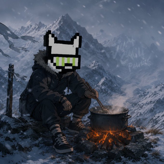 A digital artwork showing a figure with a pixelated 'cat' head logo sitting by a campfire cooking in a snowy mountain landscape, with text 'Nexus Punks' visible.