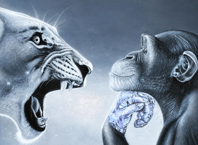 A dramatic digital artwork depicting a roaring lion with bared teeth facing off against a calm chimpanzee holding a glittering blue diamond, set against a mystical dark background.