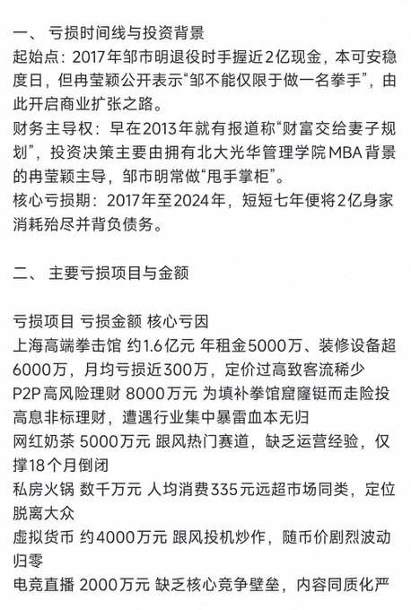 The image shows a Chinese text document titled with sections detailing the timeline and investment background of Zou Shiming's (邹市明) financial losses from 2017 to 2024, listing failed ventures including a Shanghai boxing gym (约1.6亿元), P2P financial products (8000万元), internet-famous milk tea (5000万元), hot pot restaurant (数千万元), virtual currency (约4000万元), and e-sports livestreaming (2000万元), all personally directed by his wife Ran Yingying (冉莹颖).

The post connects to the image by specifically highlighting the virtual currency loss component (约4000万元) mentioned in the document, with the commenter sharing insider knowledge that this loss actually stemmed from a 40 million RMB investment in EOS cryptocurrency, which he had unsuccessfully tried to warn the boxer against.