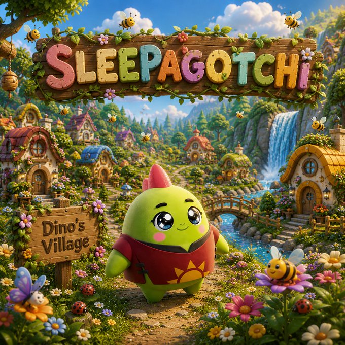 The image features a green character, likely a stuffed animal, standing next to a sign that says "Sleeping Bagchi". The character appears to be smiling at the viewer. In the background of the image, there are flowers and trees, creating a whimsical atmosphere. The text in the image reads "Good Evening. GM. GN. @sleepagotchi is actually not a competitor to Apple Health or Google Fit it is a Web3 incentive layer built on top of them." This suggests that the character might be related to the concept of Web3 and could potentially be involved in an online gaming experience, such as the one depicted in the image.