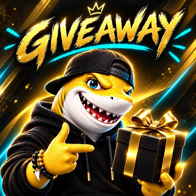 A promotional graphic featuring a yellow cartoon shark wearing a black hoodie and cap, pointing at a gift box with the word "GIVEAWAY" in bold gold letters above it.