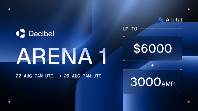 A promotional graphic for 'Decibel ARENA 1' running from 22 AUG 7AM UTC to 29 AUG 7AM UTC, offering up to $6000 plus 3000 AMP via Arbital.