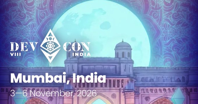 Promotional graphic for Devcon VIII India in Mumbai, scheduled for 3–6 November 2026, featuring a moon-lit architectural backdrop.