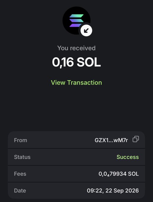 A smartphone screenshot of a successful crypto transaction confirmation showing 'You received 0,16 SOL' from 'GZX1...wM7r' on '22 Sep 2026'.