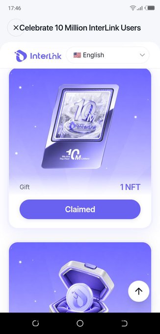 A mobile app screenshot from InterLink showing a "Celebrate 10 Million InterLink Users" event gift NFT that has been successfully "Claimed".